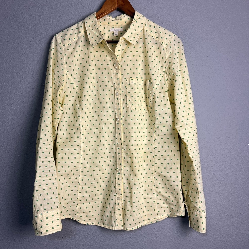Caslon Button Down Yellow Shirt Green‎ Polka Dot Semi Sheer Long Sleeve Small